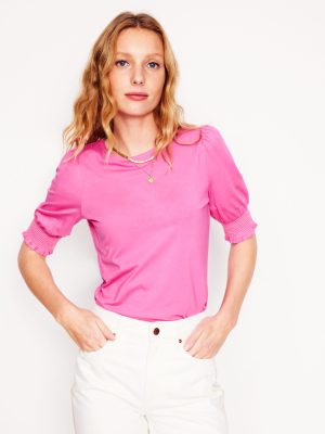 Short Sleeve Smocked Cuff Top-Tickled Pink