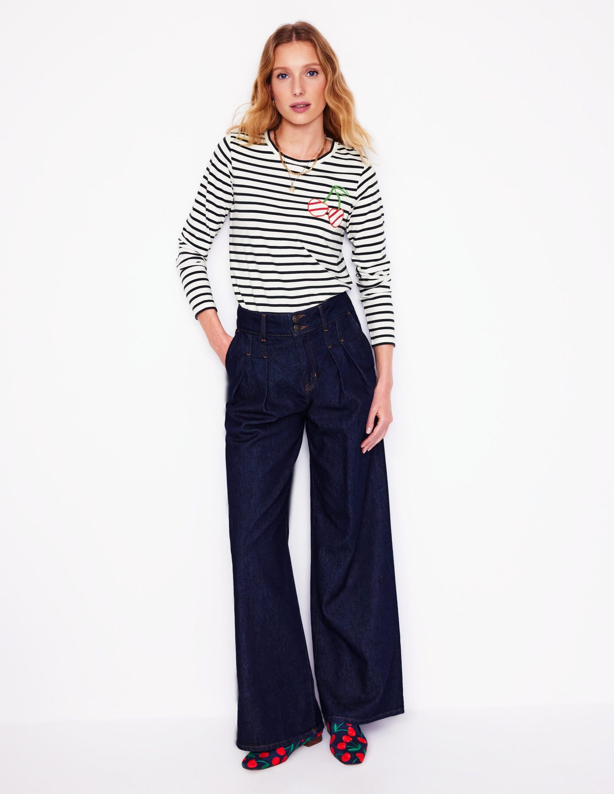 Novelty Long Sleeve Jersey Top-Ivory. Navy Cherries