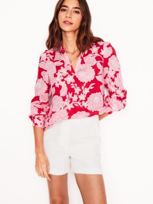 Grace Linen Top-Poppy Red. Blossom Cascade