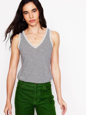 Regular V-Neck Slub Vest-Navy. Ivory Stripe