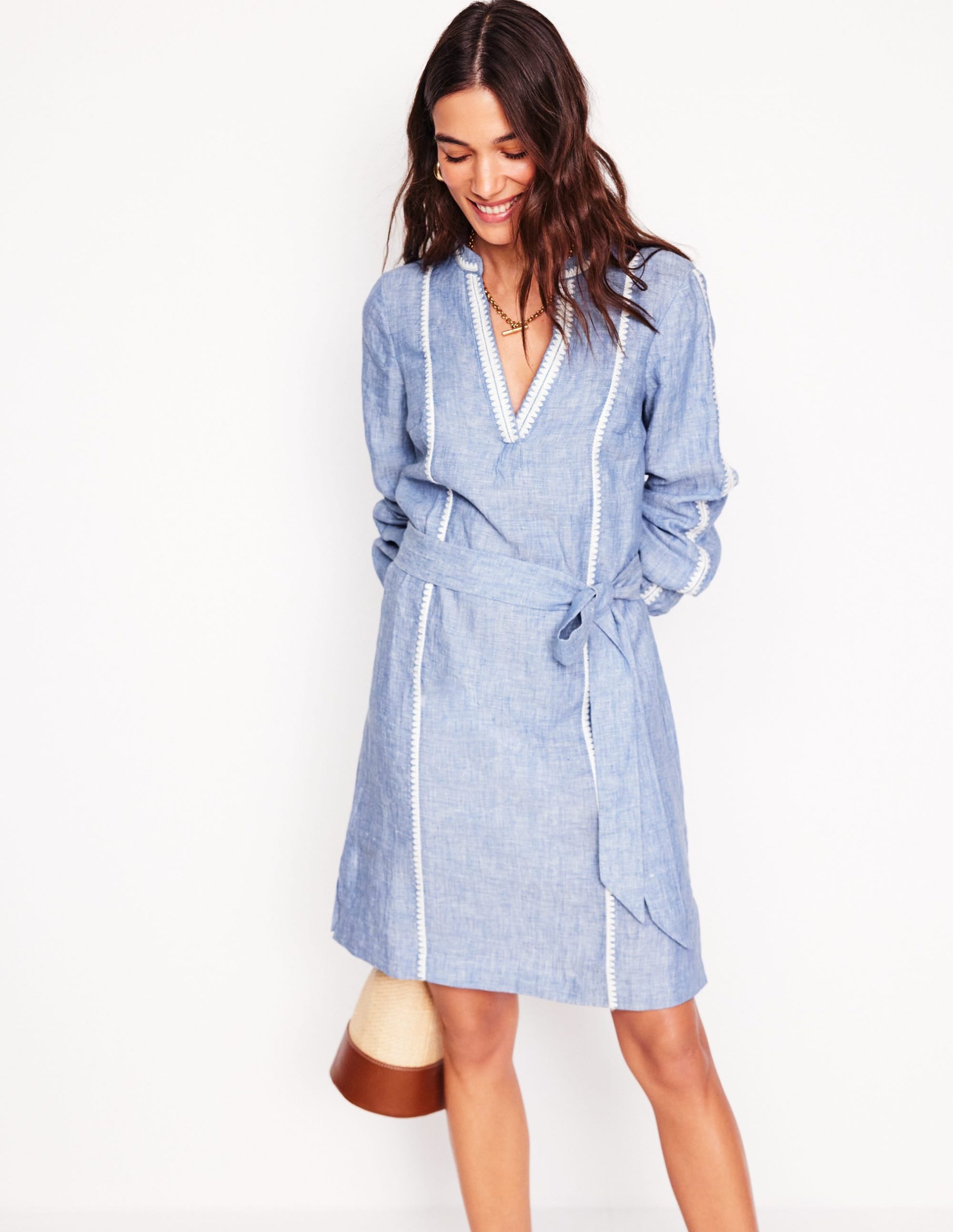 Cleo Linen Tie Waist Dress-Chambray Embroidery - Image 5