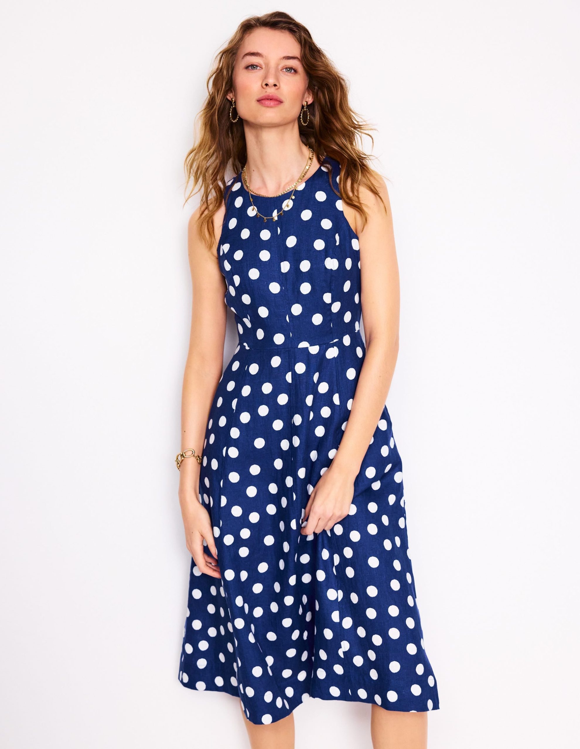 Carla Linen Midi Dress-Starboard Blue. Painted Dot