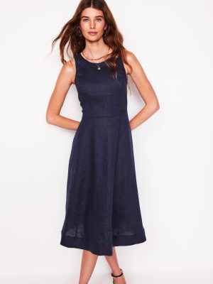 Carla Linen Midi Dress-Navy
