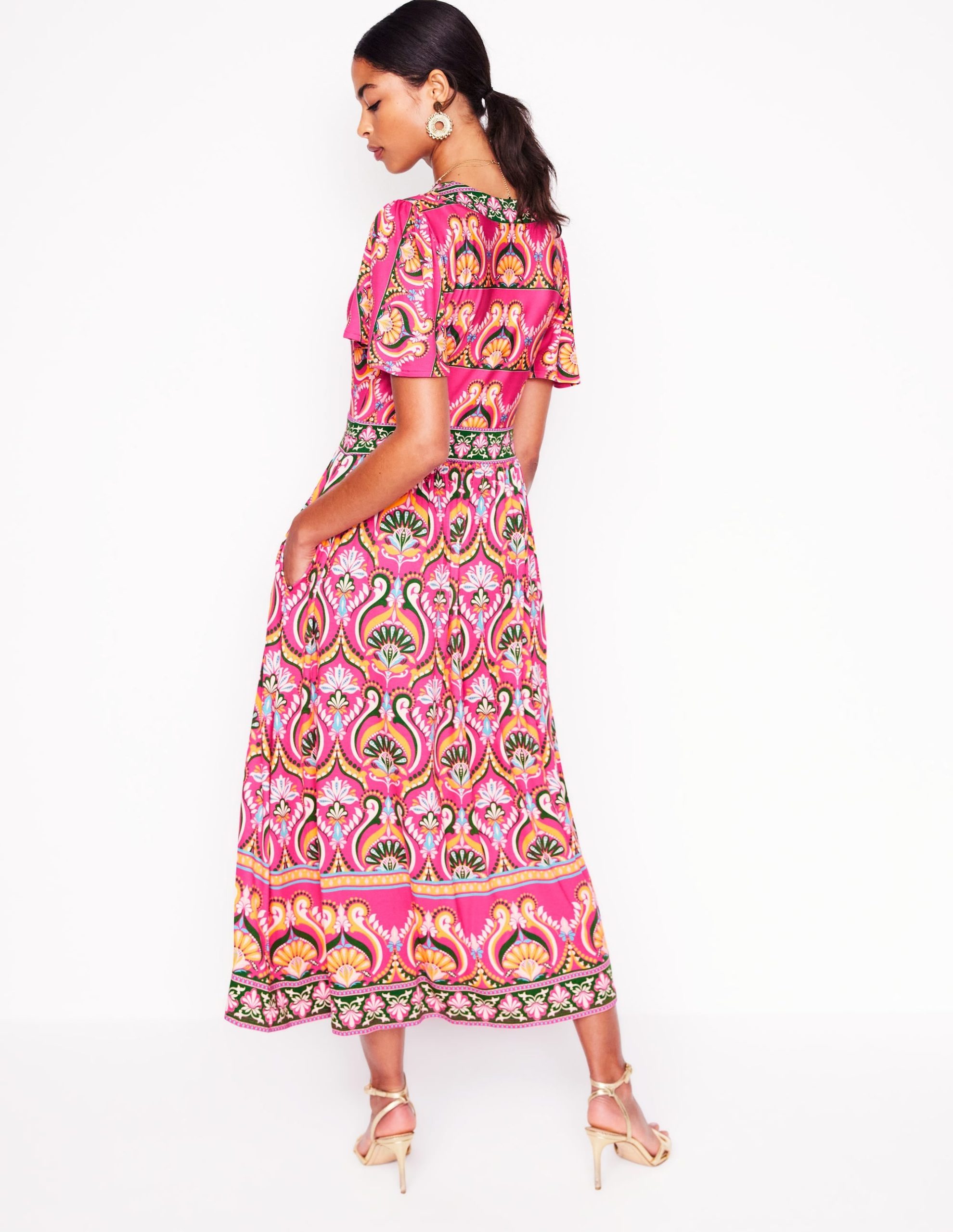 Ellie Flutter Maxi Tea Dress-Pink Peony. Ornamental Floral - Image 3