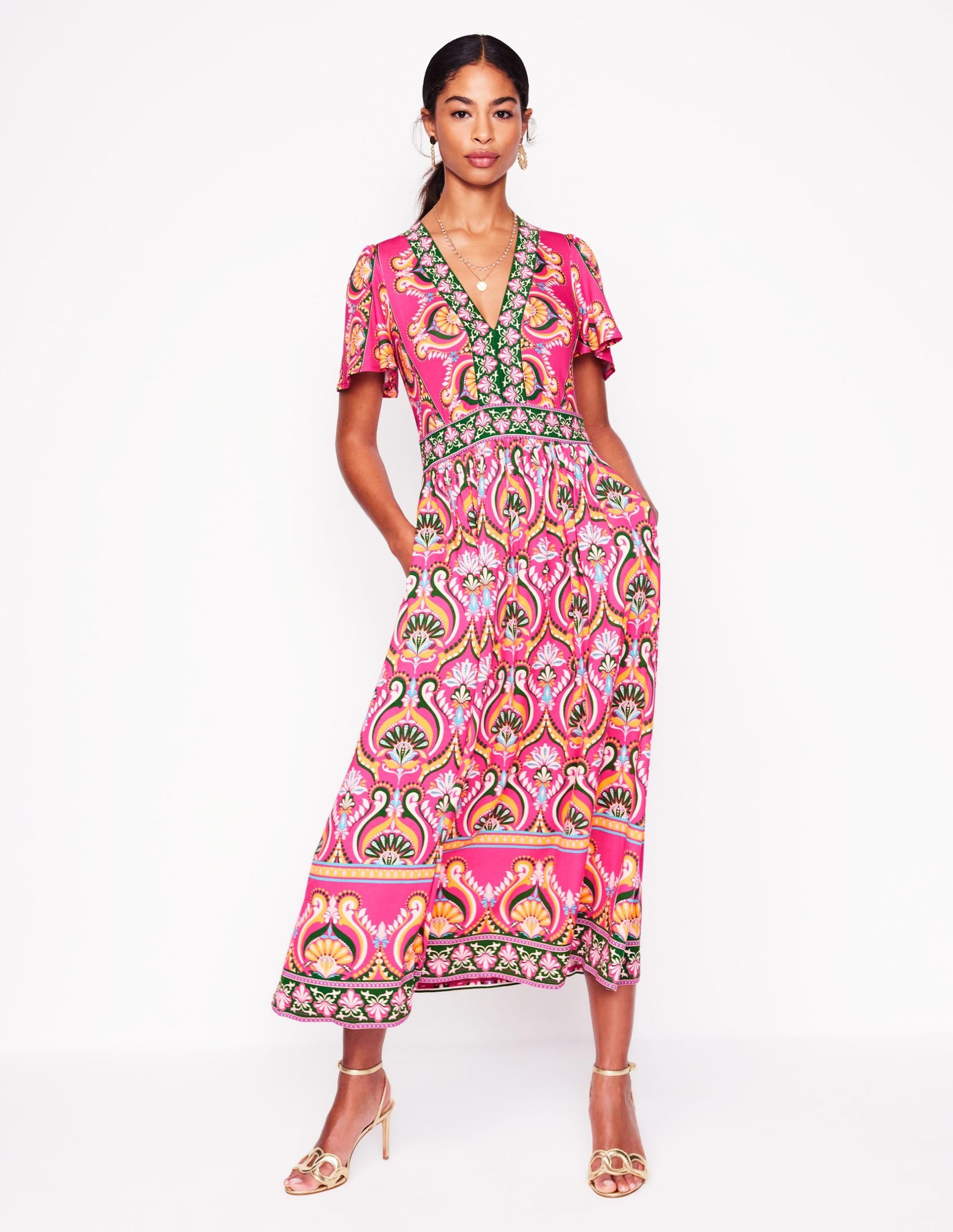 Ellie Flutter Maxi Tea Dress-Pink Peony. Ornamental Floral - Image 5