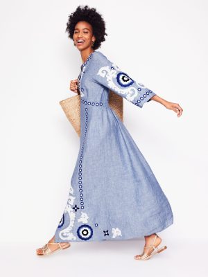 Una Linen Embroidered Dress-Chambray