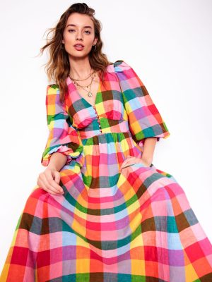 Lola Blouson Maxi Dress-Rainbow Multigingham