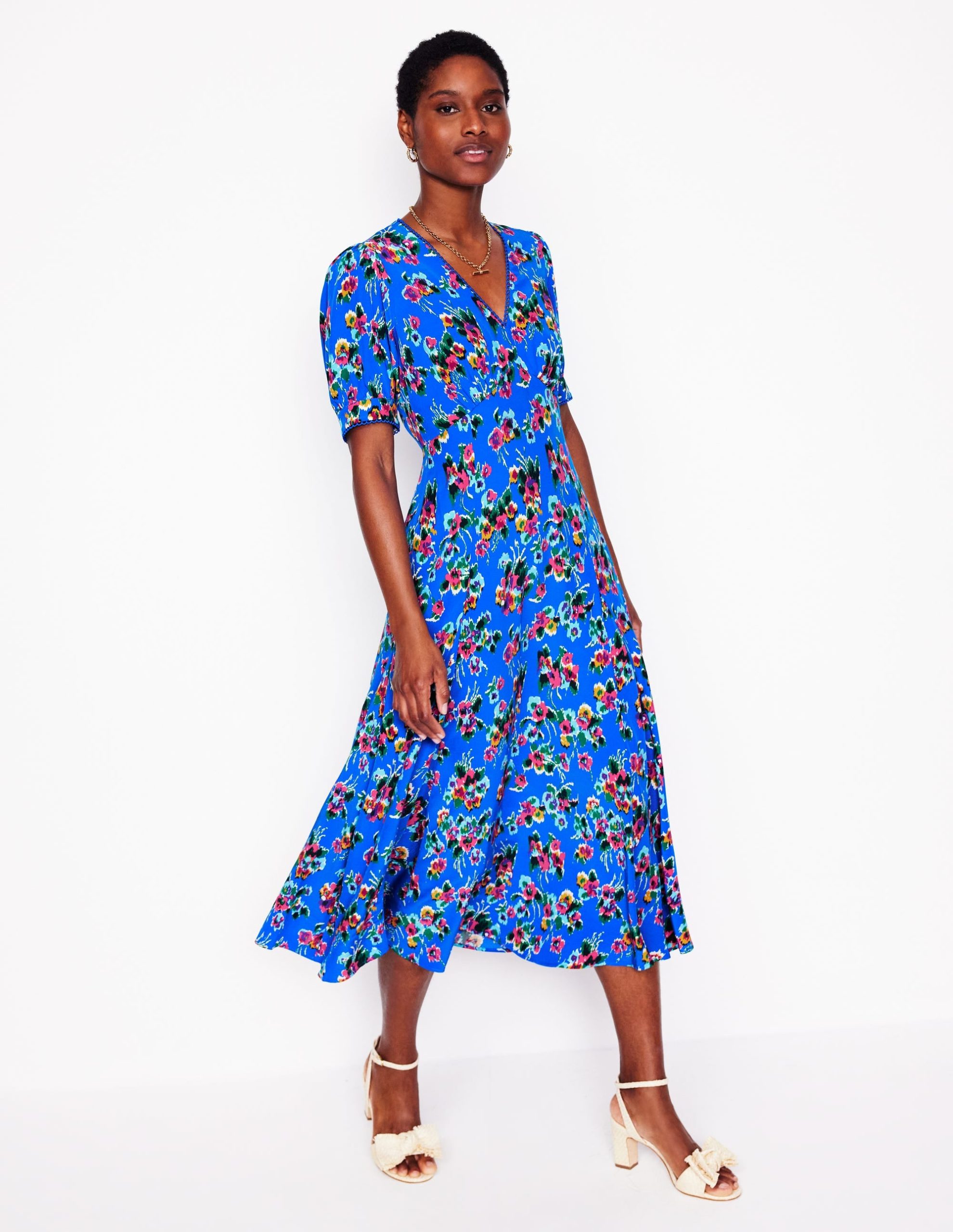 Rosie Godet Tea Dress-Gallery Blue. Abstract Posy