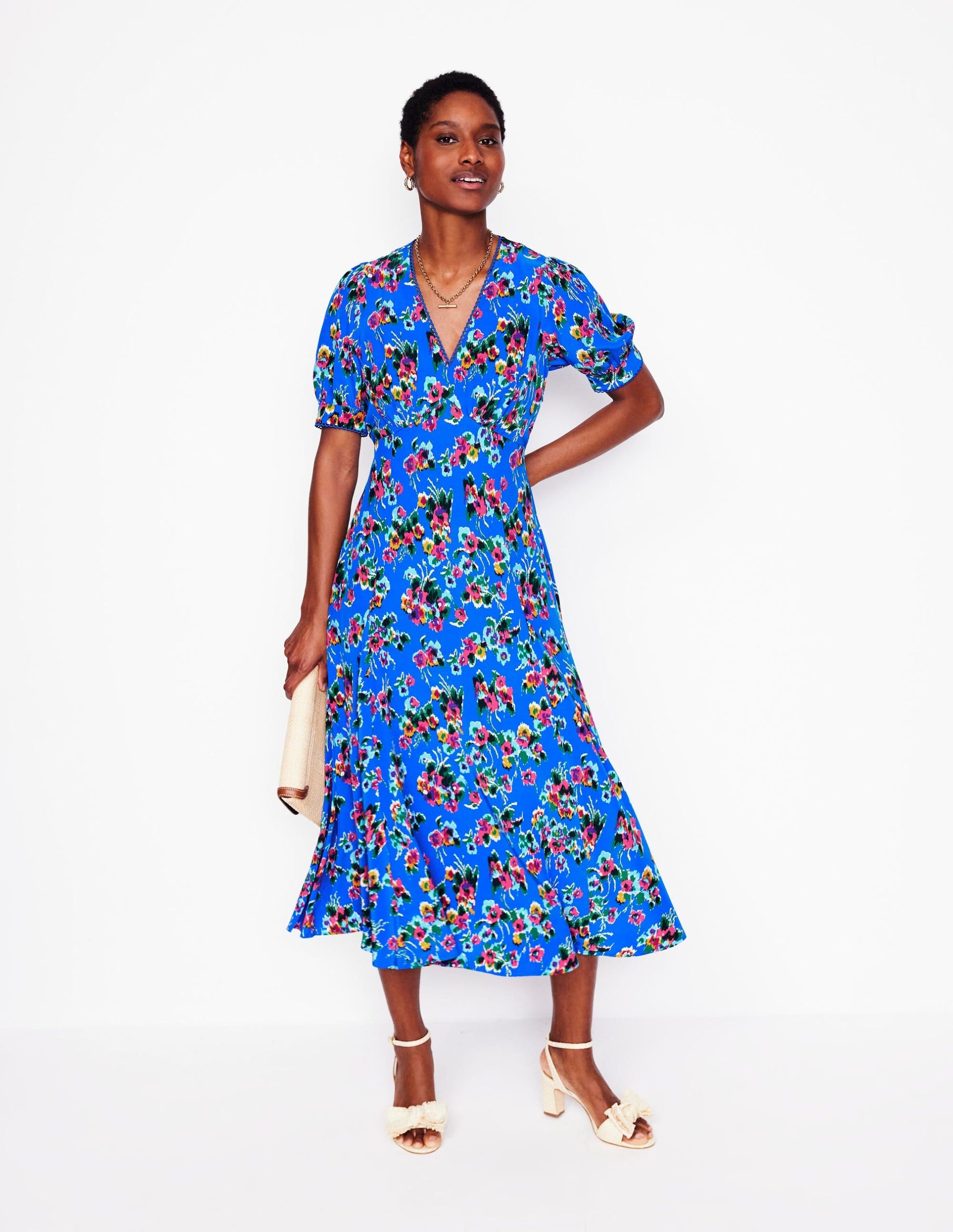 Rosie Godet Tea Dress-Gallery Blue. Abstract Posy - Image 4