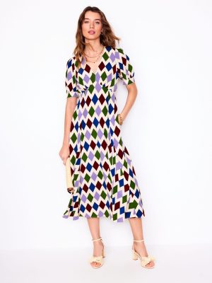 Rosie Godet Tea Dress-Multi. Diamond Stripe