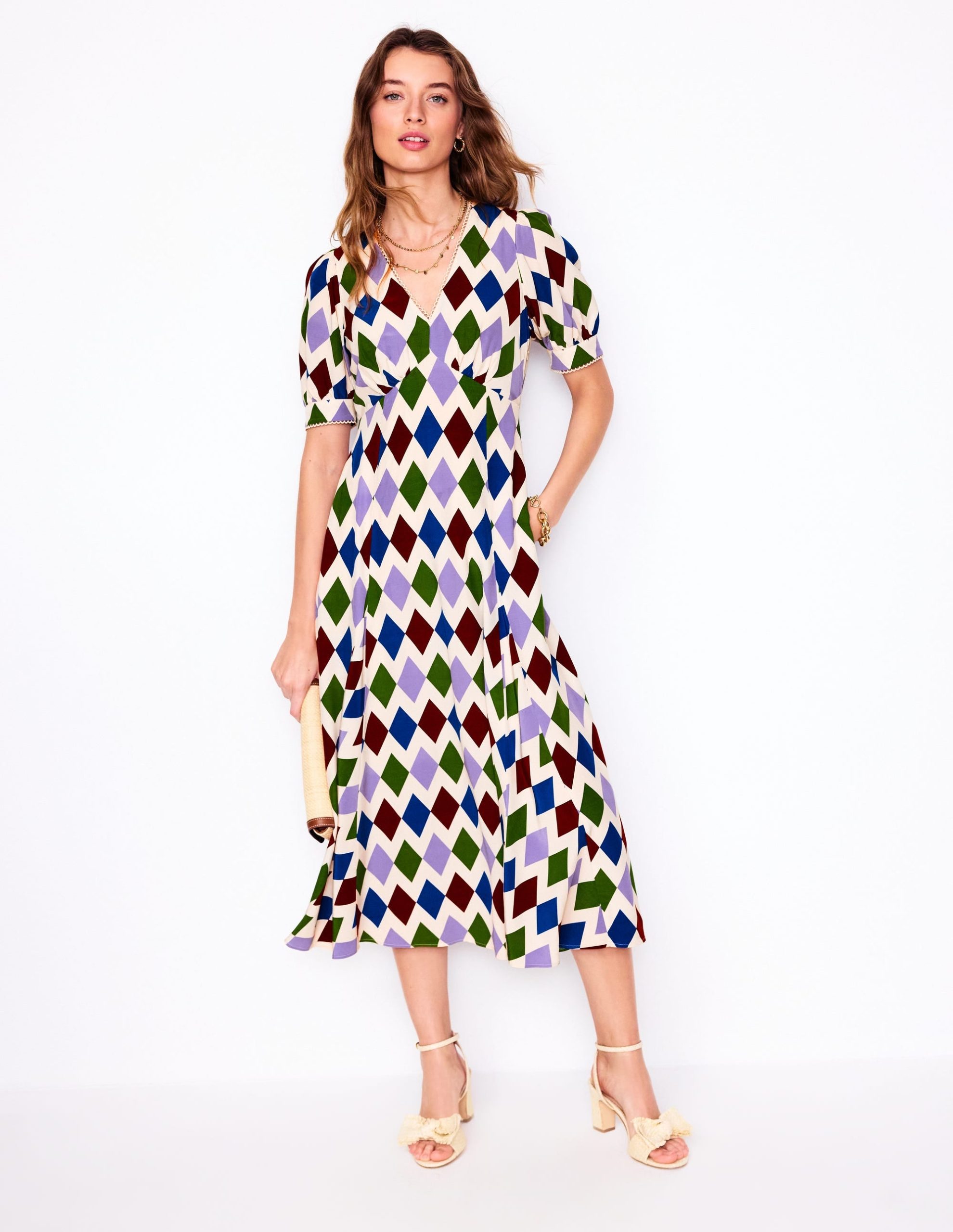 Rosie Godet Tea Dress-Multi. Diamond Stripe