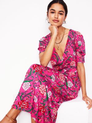 Kristen Pleated Jersey Dress-Pink Yarrow. Carnation Vine