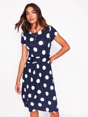 Amelie Jersey Dress-French Navy. Abstract Dot