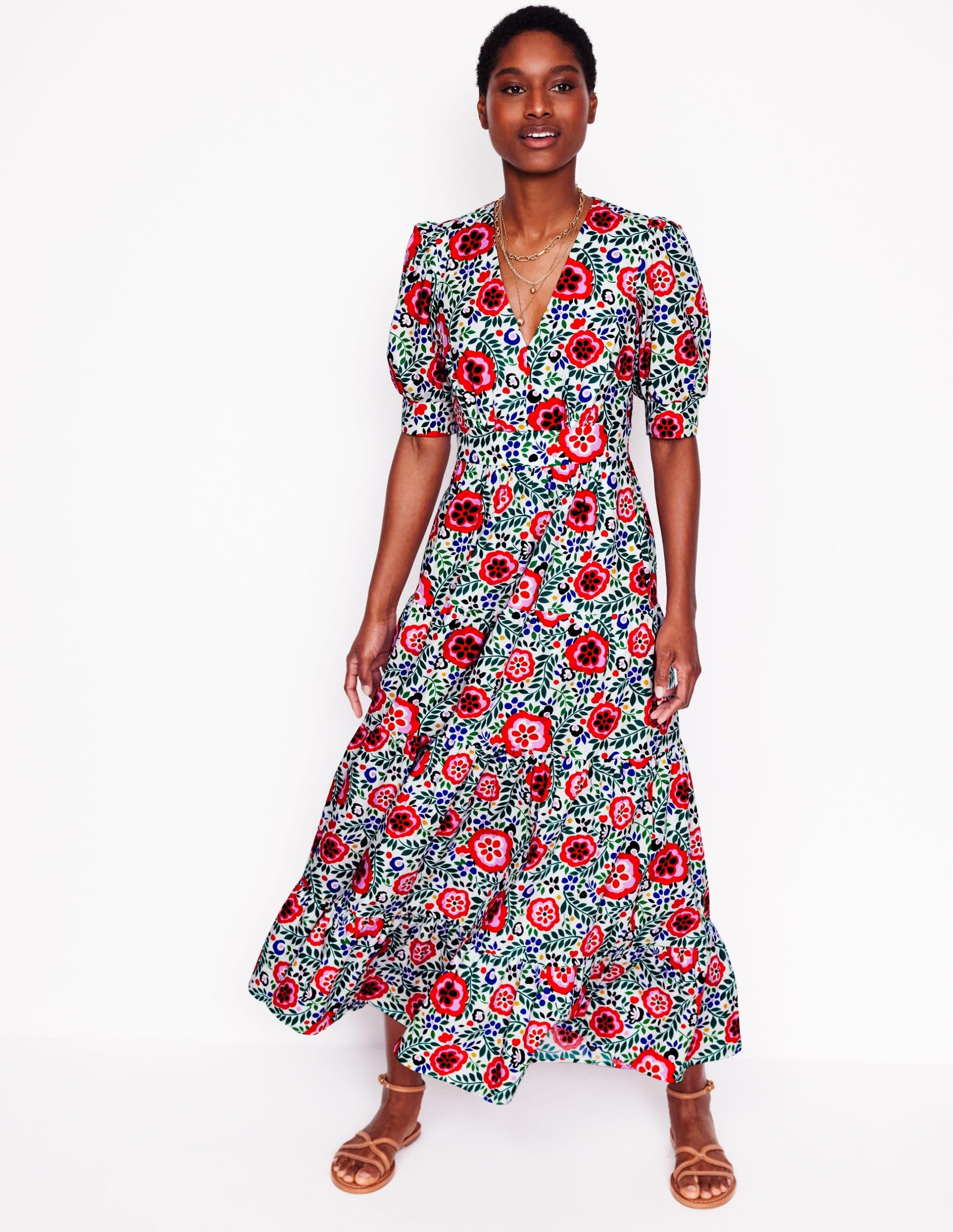 Bella Puff Sleeve Maxi Dress-Multi. Foliage Scatter