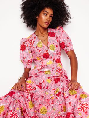 Bella Puff Sleeve Maxi Dress-Salmon Pink. Carnation Vine