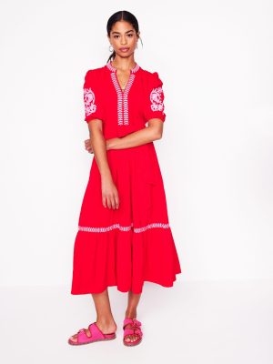 Amara Embroidered Jersey Dress-Poppy Red. Pink Peony