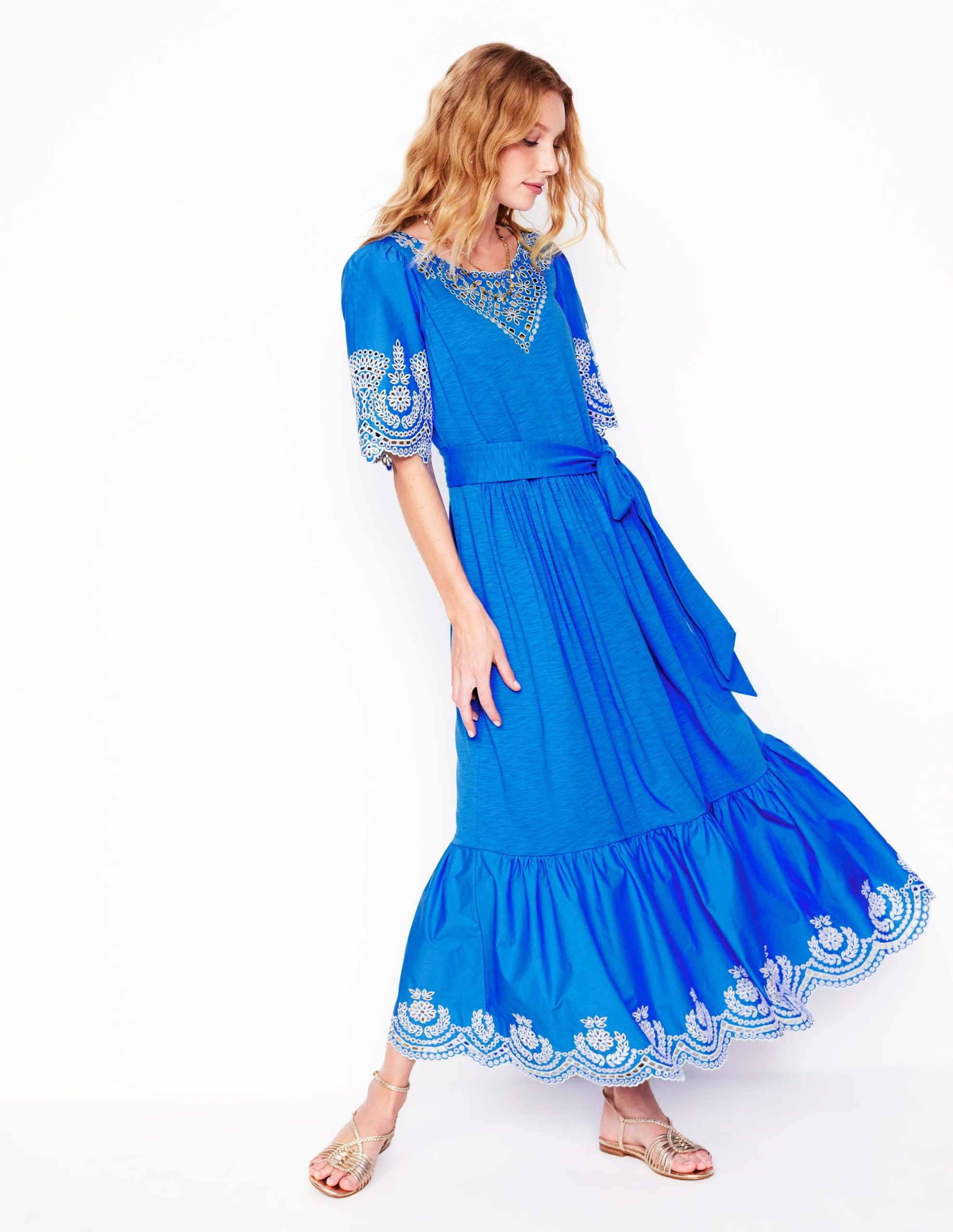 Isabel Broderie Mix maxi Dress-Cerulean Blue