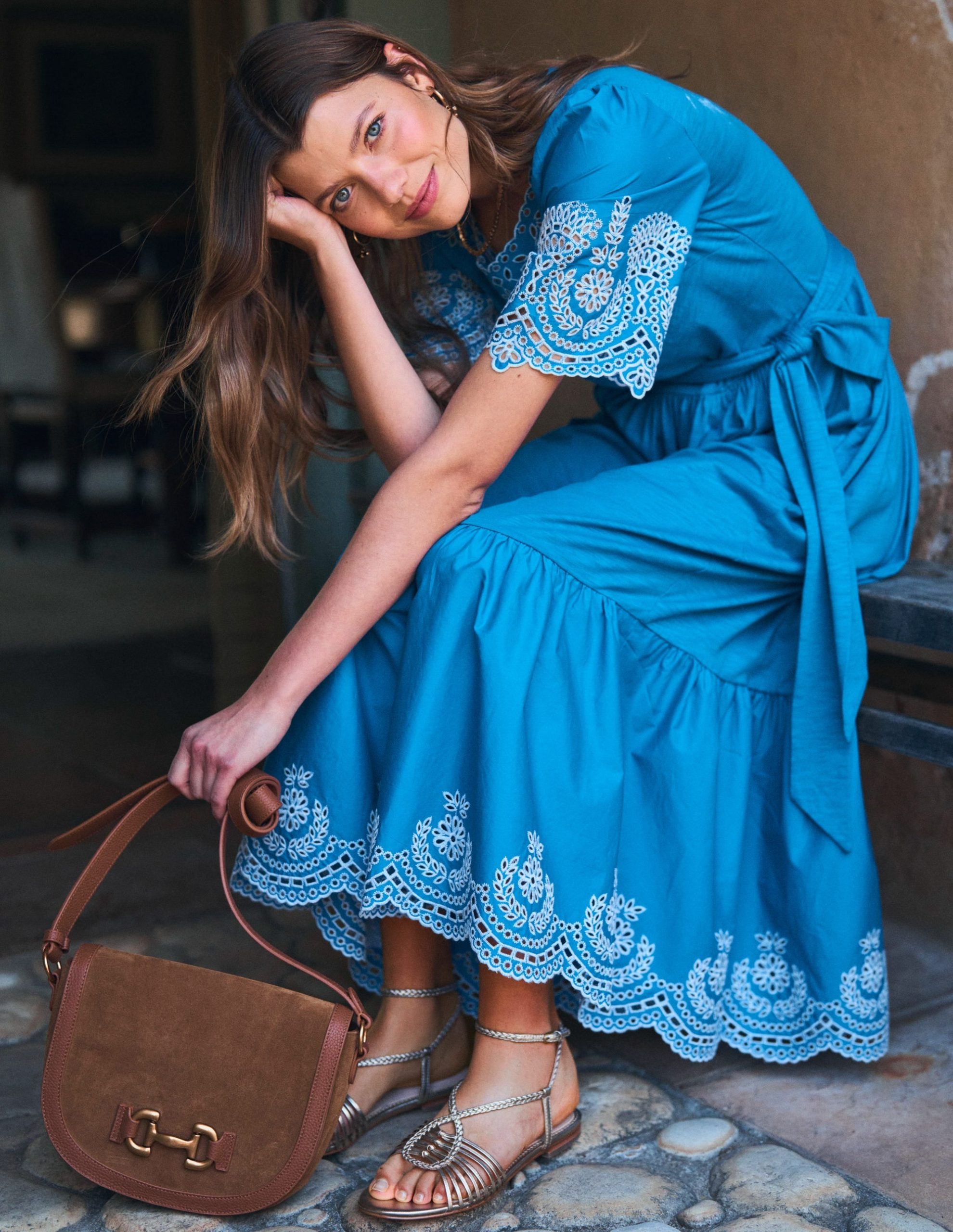 Isabel Broderie Mix maxi Dress-Cerulean Blue - Image 2