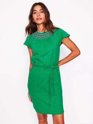 Nina Smocked T-Shirt Dress-Rich Emerald