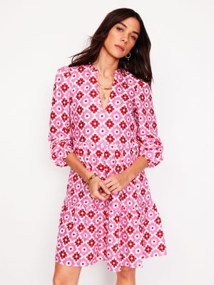 Esme Linen Mini Dress-Pink Power. Geometric Stamp