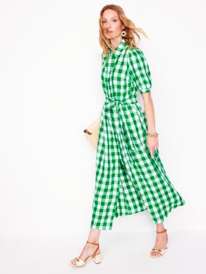 Alexa Linen Maxi Shirt Dress-Rich Emerald Gingham