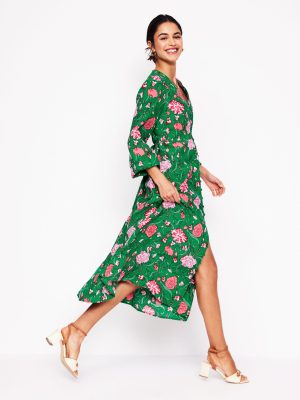 Cynthia Button Tea Dress-Rich Emerald. Carnation Vine