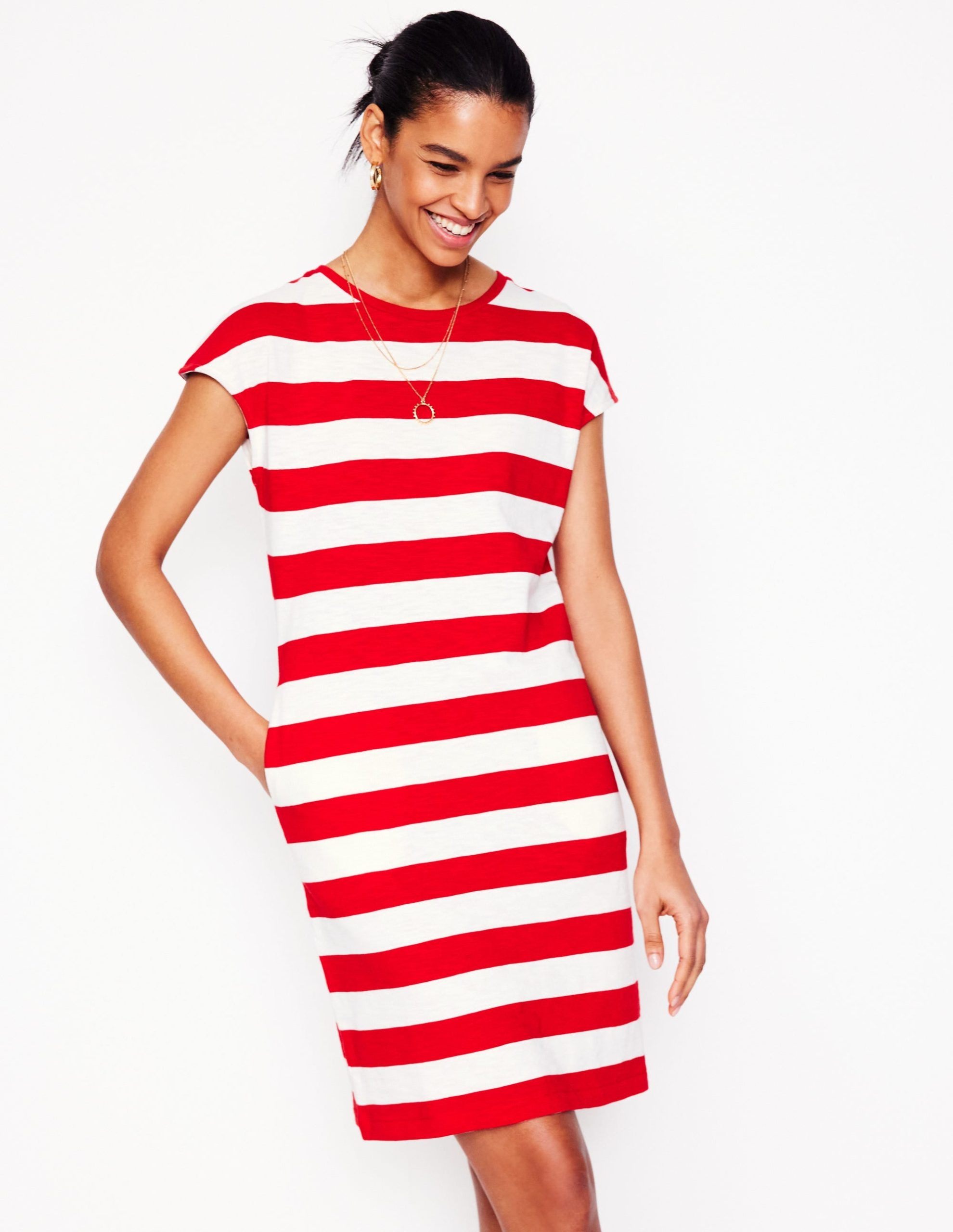 Leah Jersey T-shirt Dress-Poppy Red. White Stripe