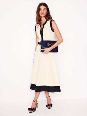 Crochet Trim Knitted Dress-Ivory. Navy