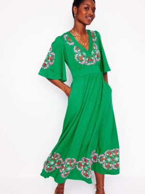Maya Embroidered Kimono Dress-Rich Emerald. Embroidered