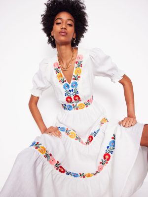 Anna Linen Tiered Midi Dress-White. Multi Embroidery