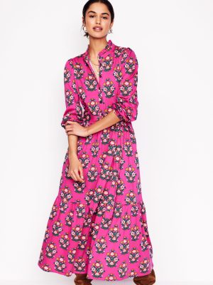 Willow Tiered Jersey Dress-Cosmos Pink. Wildflower Stamp