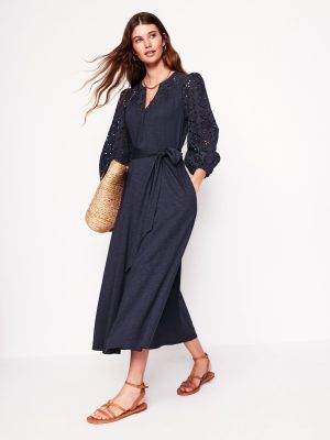 Eden Broderie Jersey Dress-Navy