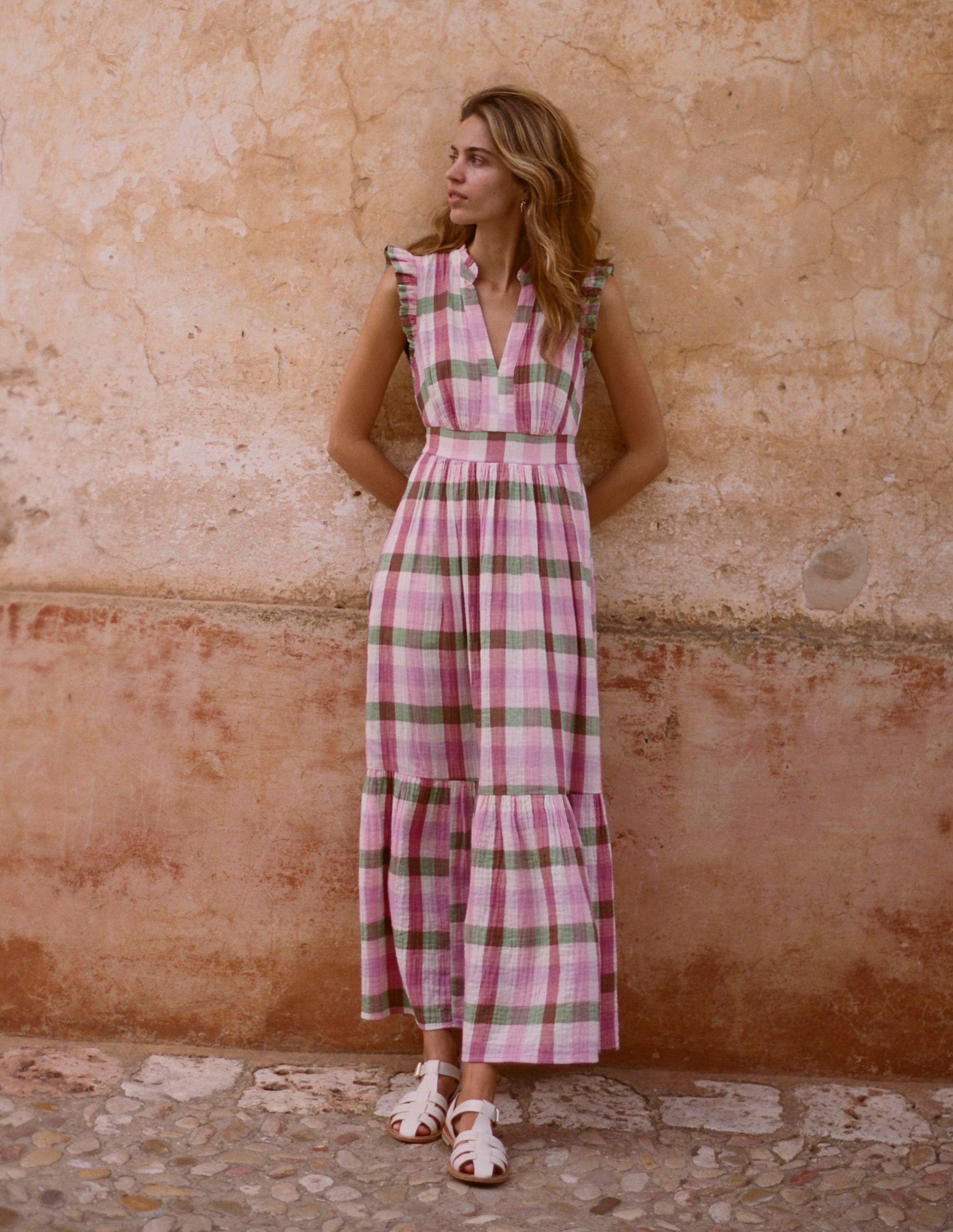 Wren Double Cloth Midi Dress-Pink and Green Multigingham - Image 2