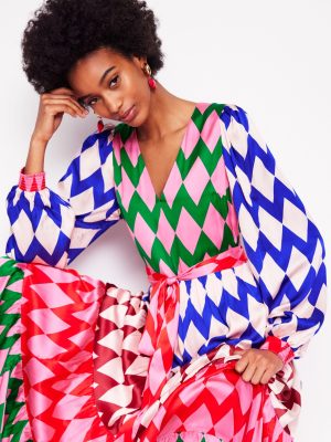 V-Neck Tiered Dress-Multi. Diamond Stripe