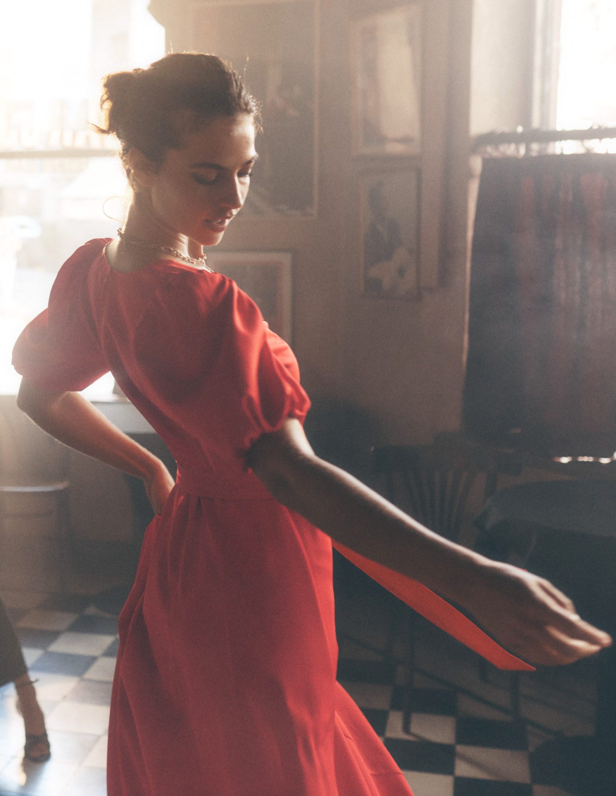 Volume Sleeve Midi Dress-Poppy Red - Image 5