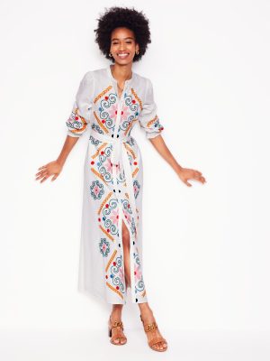 Ruby Linen Blend Shirt Dress-White Embroidery