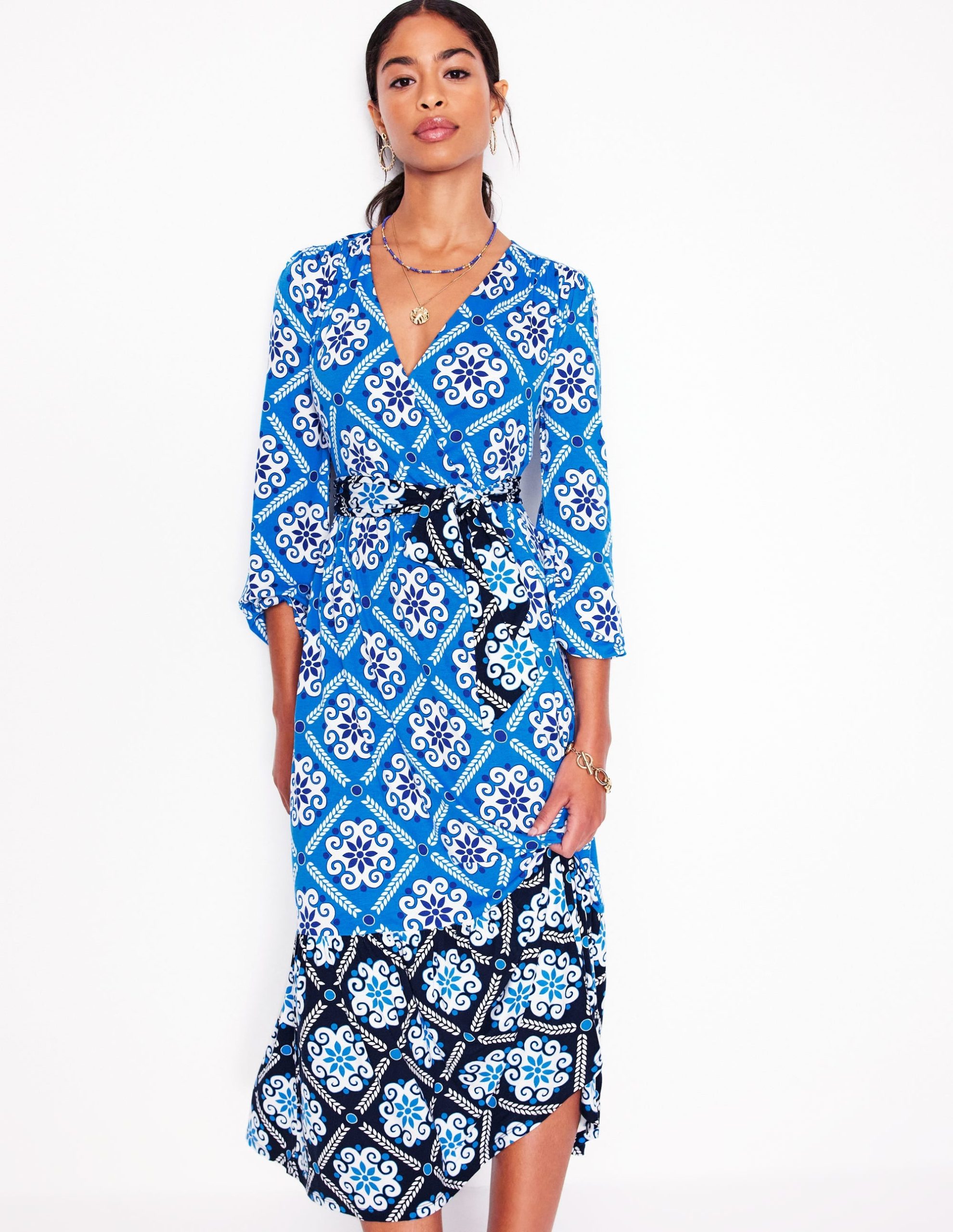 Tie Wrap Tier Maxi Dress-Cerulean Blue. Baroque Tile