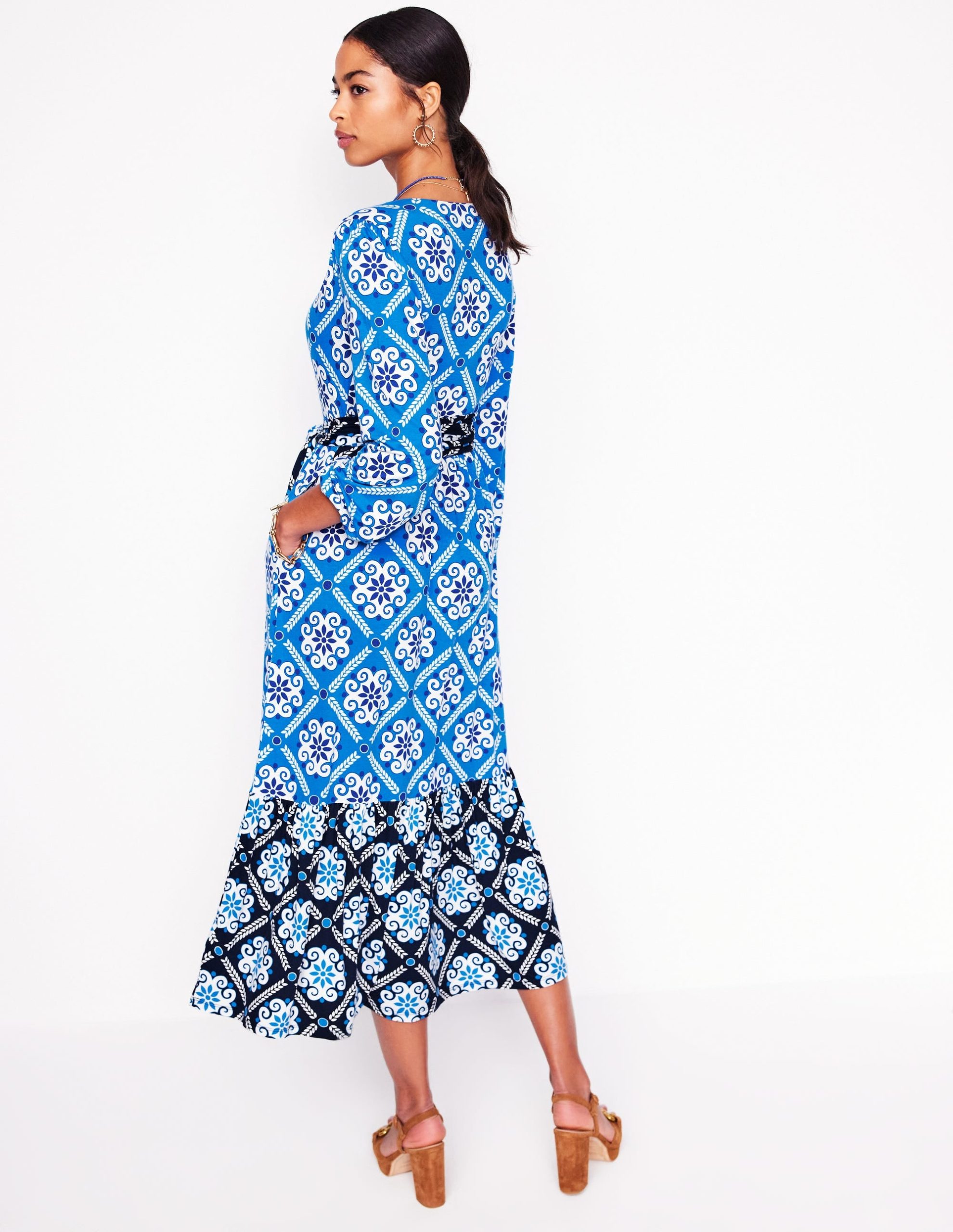 Tie Wrap Tier Maxi Dress-Cerulean Blue. Baroque Tile - Image 3