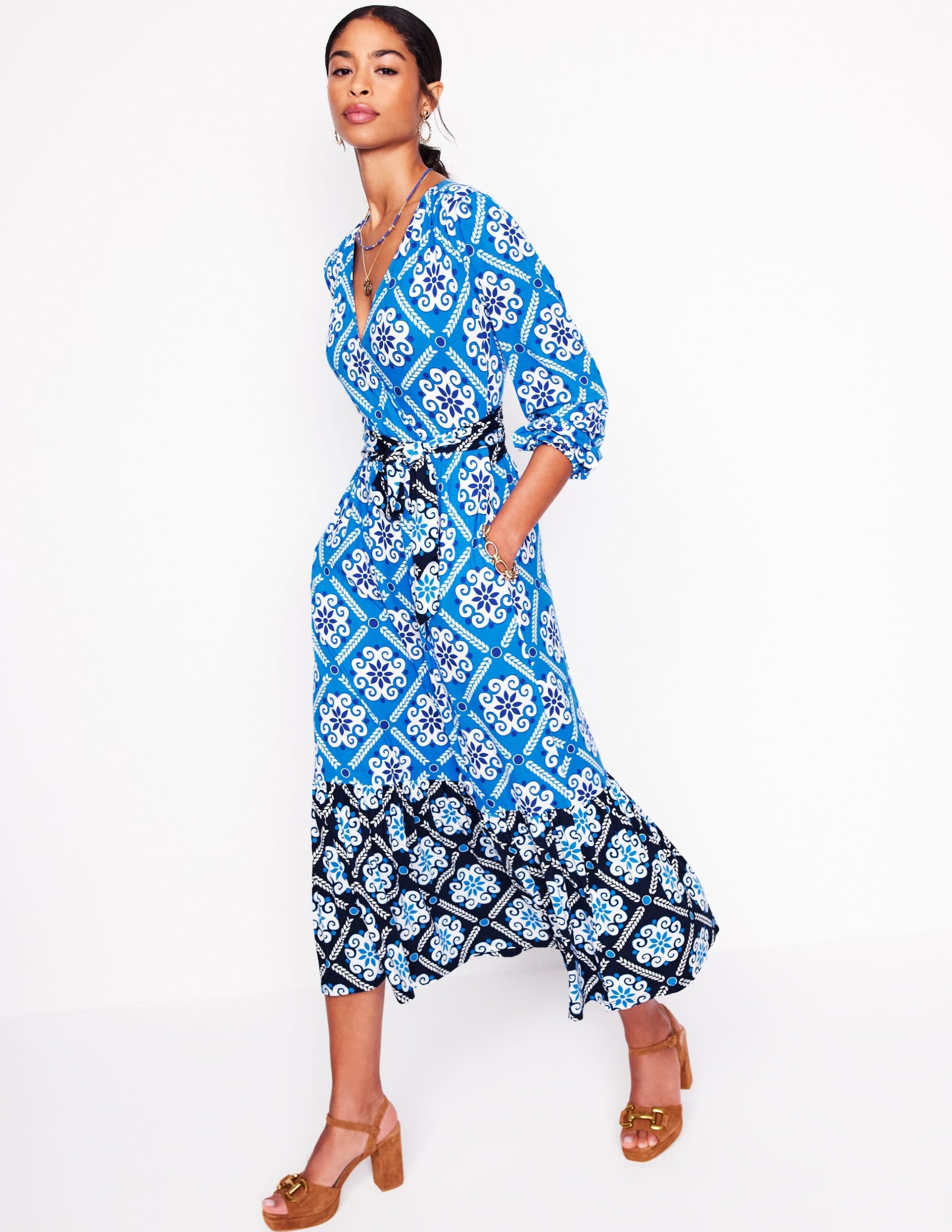 Tie Wrap Tier Maxi Dress-Cerulean Blue. Baroque Tile - Image 4