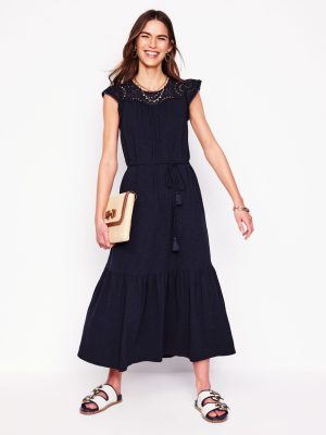 Juliet Broderie Midi Dress-Navy