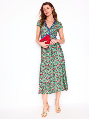 Bias Cut Jersey Midi Dress-Jade. Painterly Posy