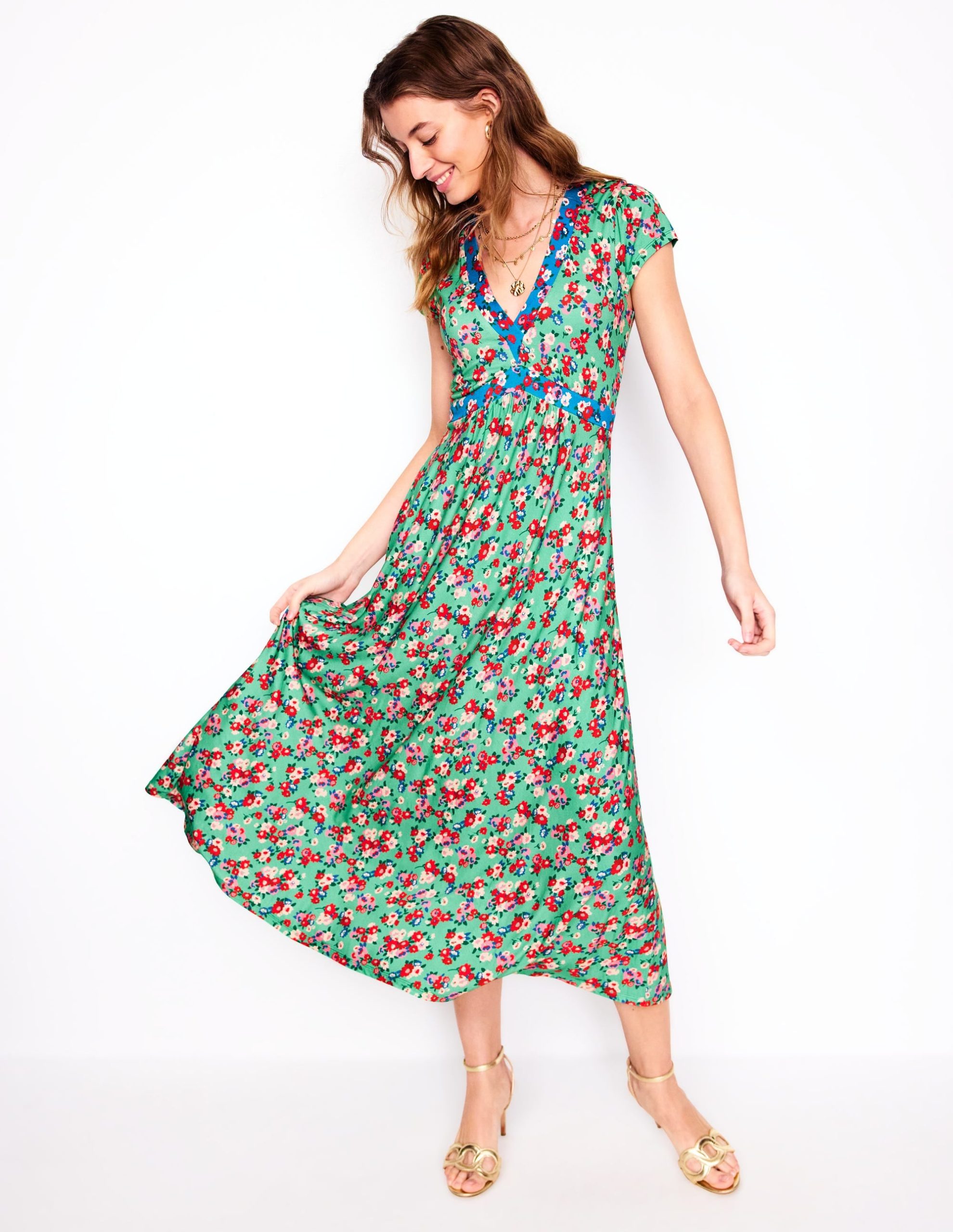 Bias Cut Jersey Midi Dress-Jade. Painterly Posy - Image 4