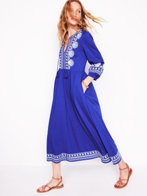 Embroidered Notch Neck Dress-Bright Blue. Ivory