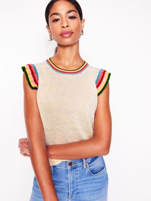 Josie Frilled Linen Tank-Warm Ivory. Multi Stripe