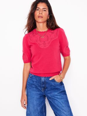 Embroidered Yoke Knitted Tee-Camelia Pink