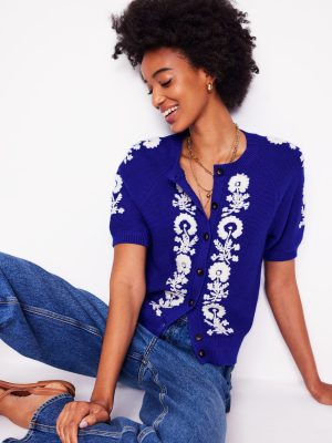 Embroidered T-Shirt Cardigan-Bright Blue. Flowers