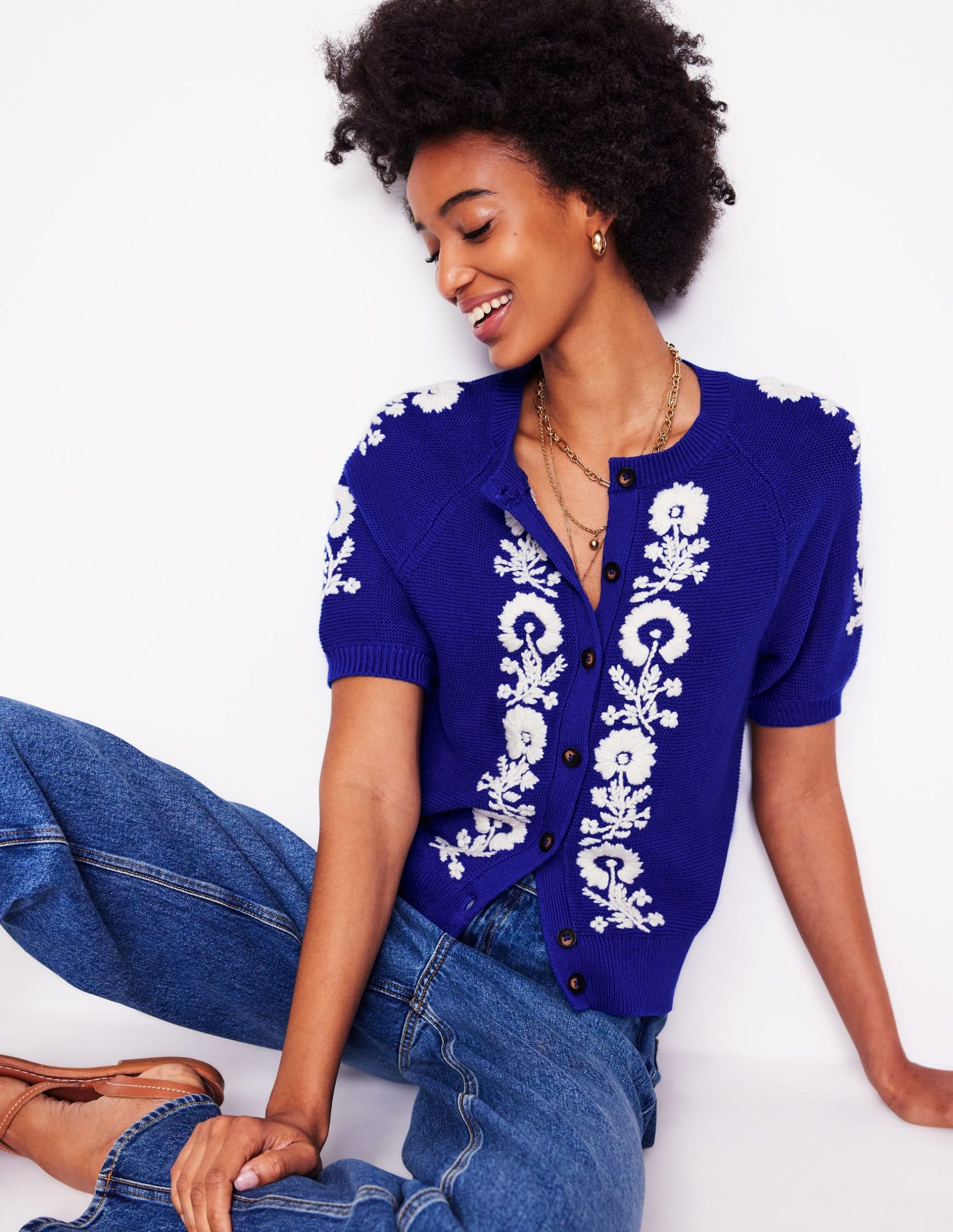 Embroidered T-Shirt Cardigan-Bright Blue. Flowers