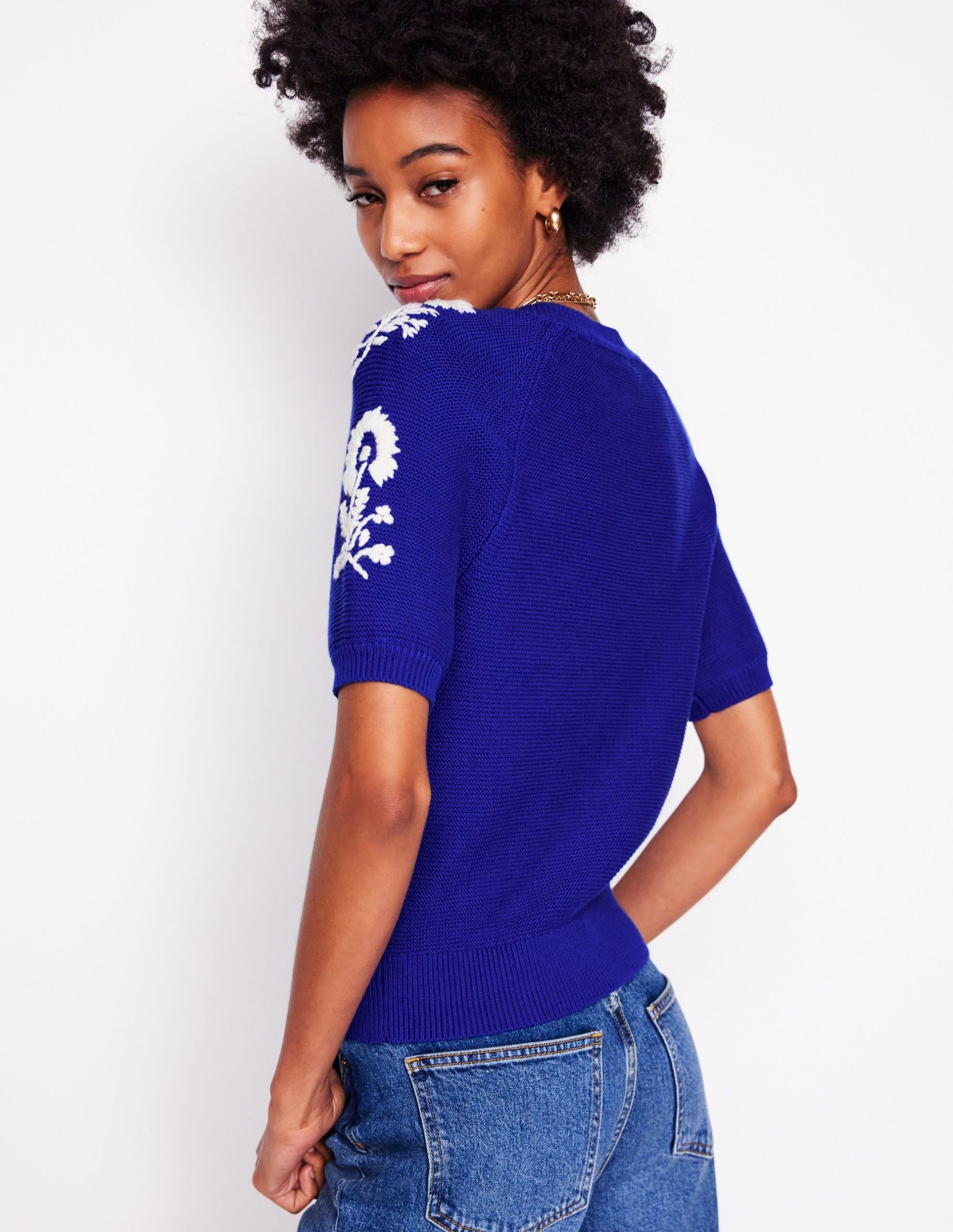 Embroidered T-Shirt Cardigan-Bright Blue. Flowers - Image 4