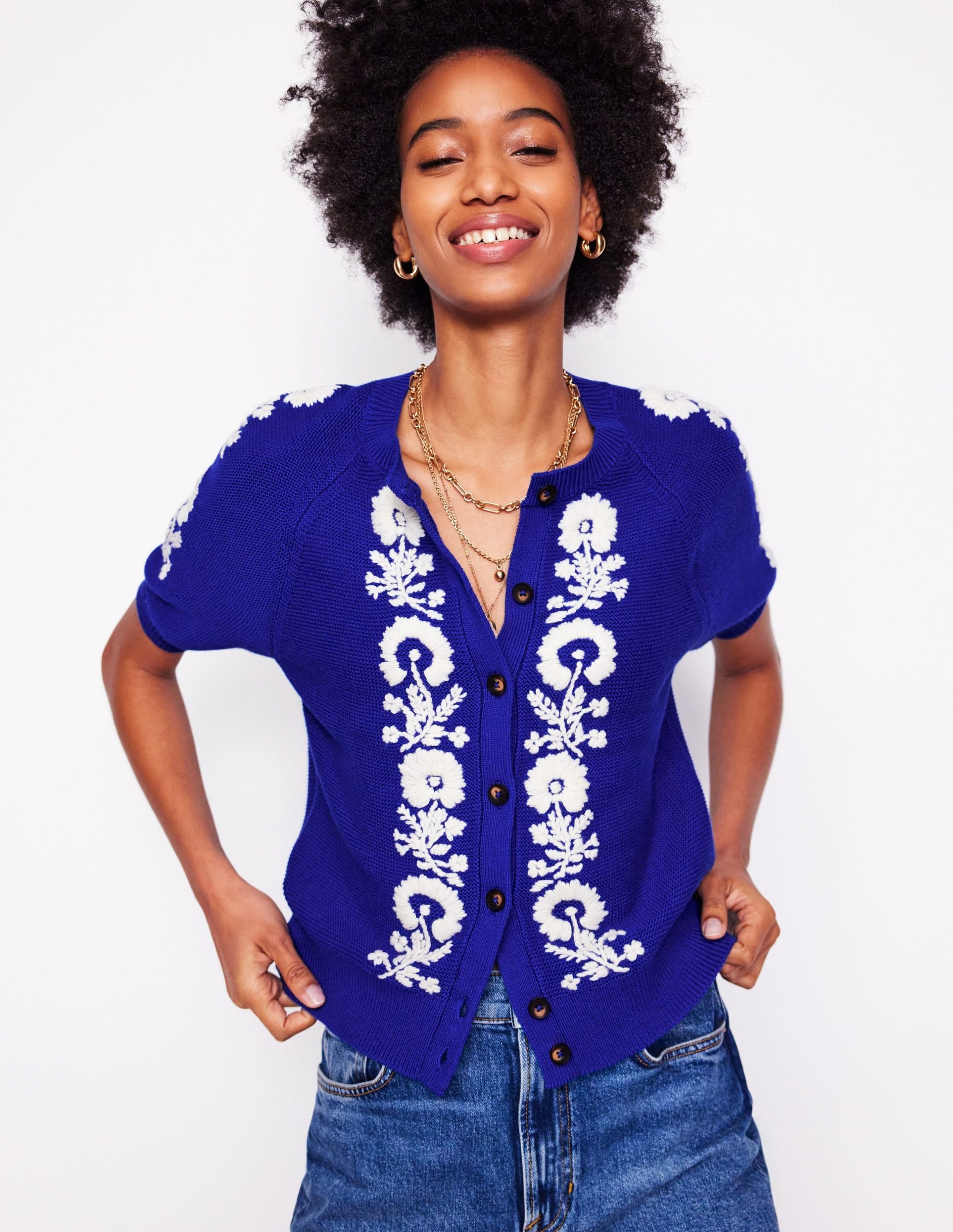 Embroidered T-Shirt Cardigan-Bright Blue. Flowers - Image 5
