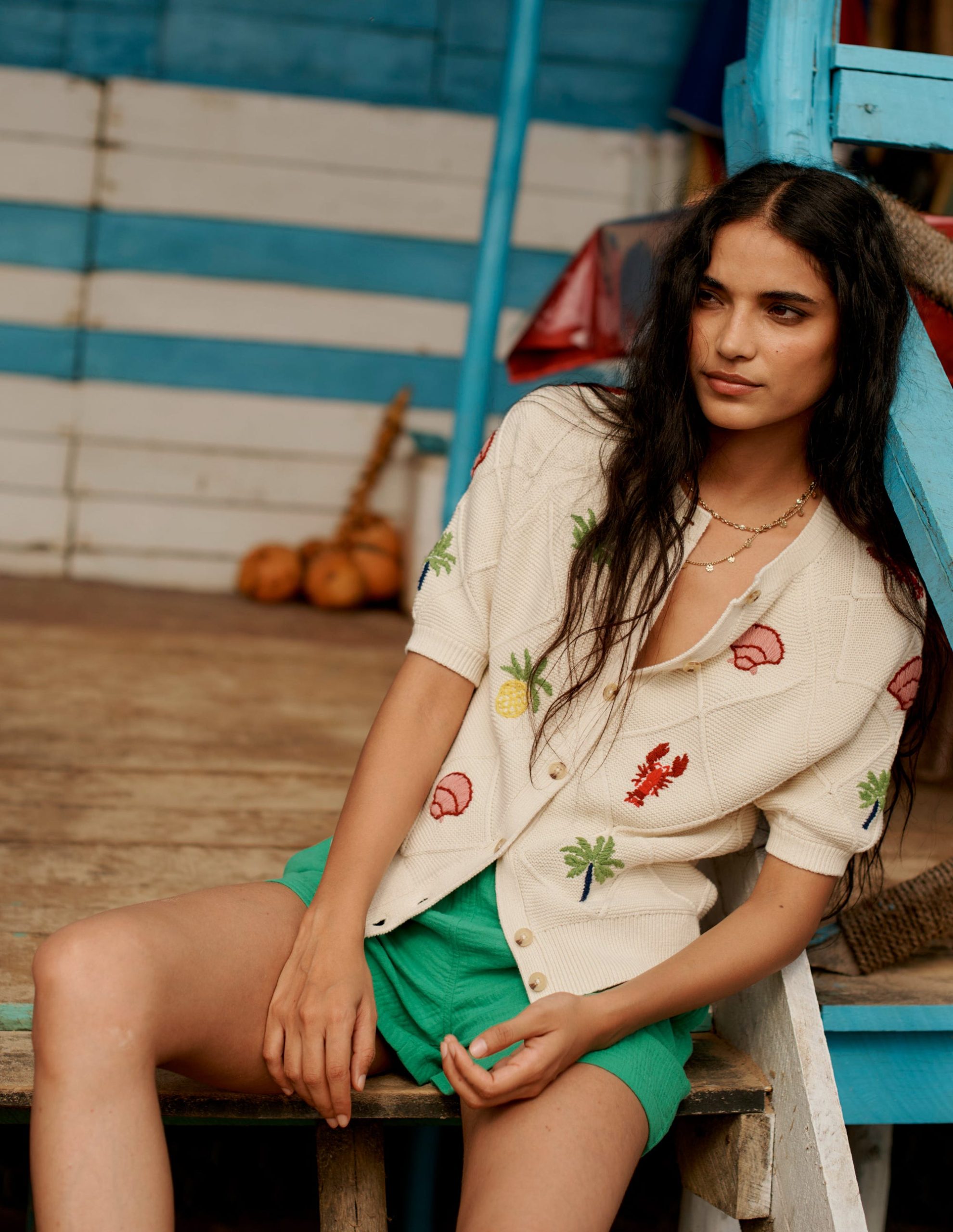 Embroidered T-Shirt Cardigan-Warm Ivory. Tropical Bonanza - Image 5